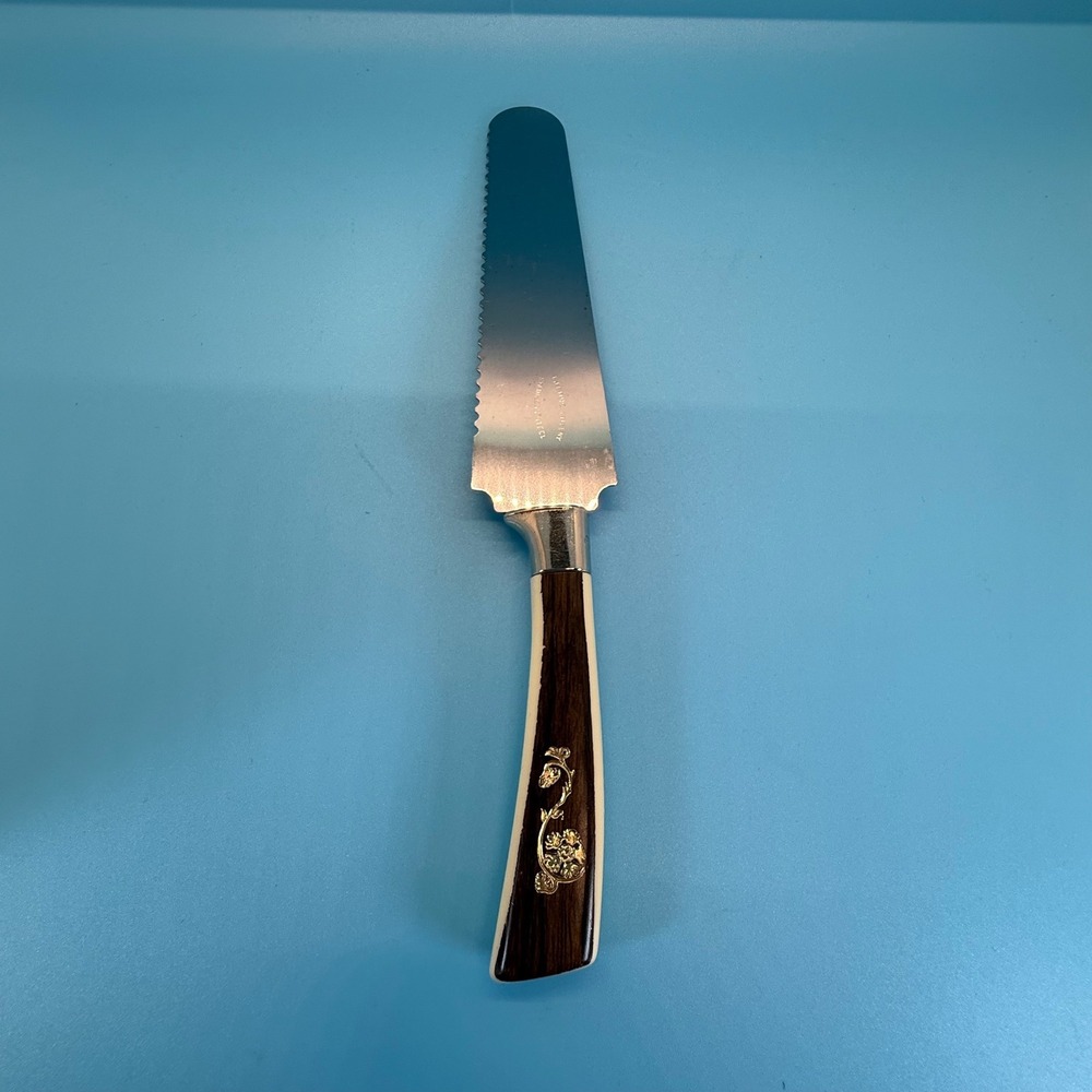 VTG Lifetime Cutlery Serrated Cake Knife Brown Cream Gold Floral Inlay MCM 10.5"